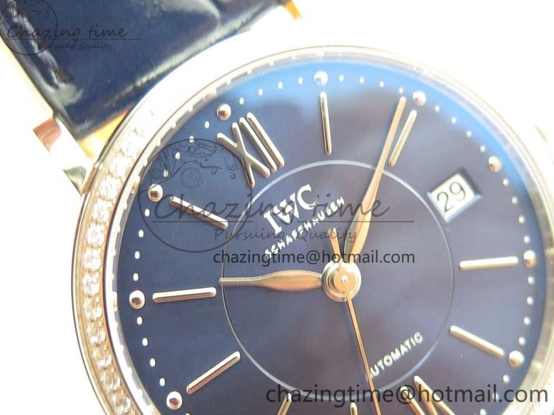 MIROTIME 1224 Portofino 37mm SS V7F 1:1 Best Edition Blue Dial Diamonds Bezel on Blue Leather Strap A Chic 7093